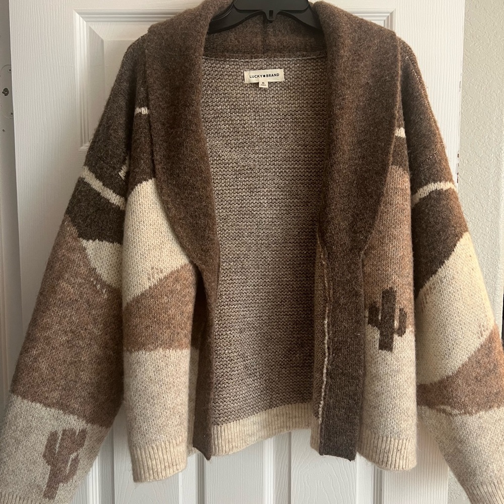 Lucky Brand Brown and Cream Southwestern Open-Front Cardigan